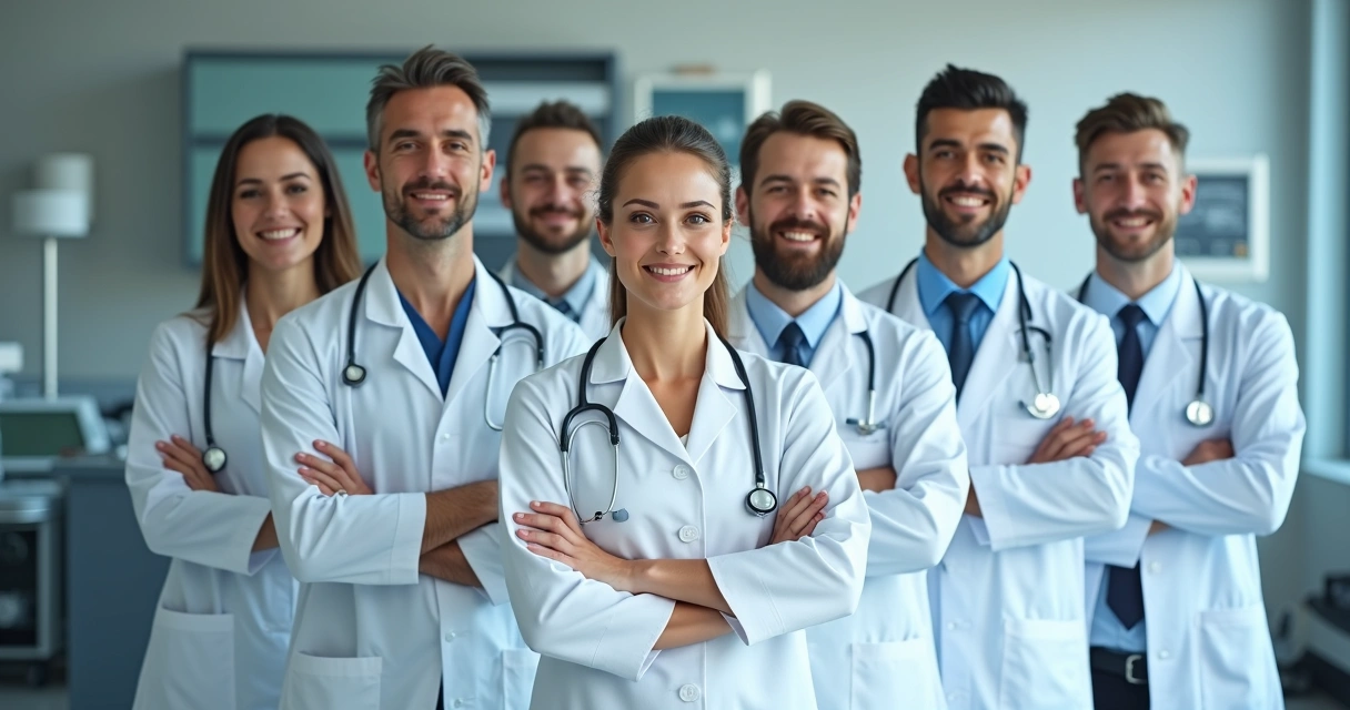Equipe médica especialista em aumento peniano em consultório moderno 