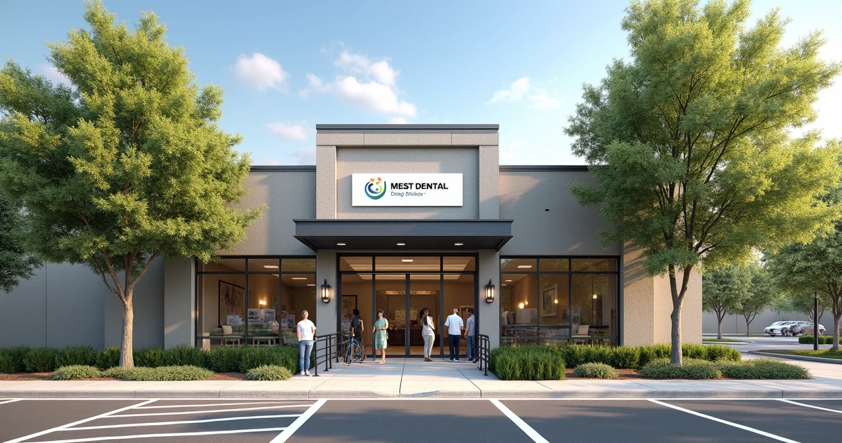 Fachada de clínica odontológica com fácil acesso, placa visível, rampa de acesso na entrada 