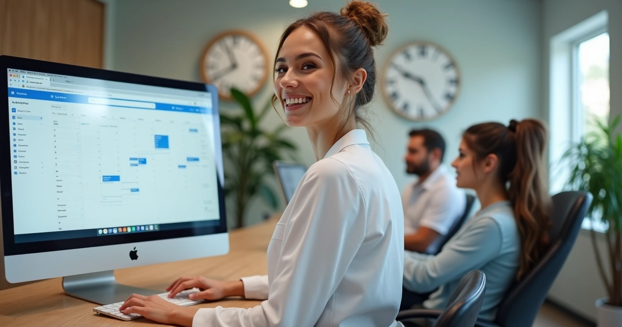 Recepcionista de clínica odontológica feliz ao ver agenda cheia 