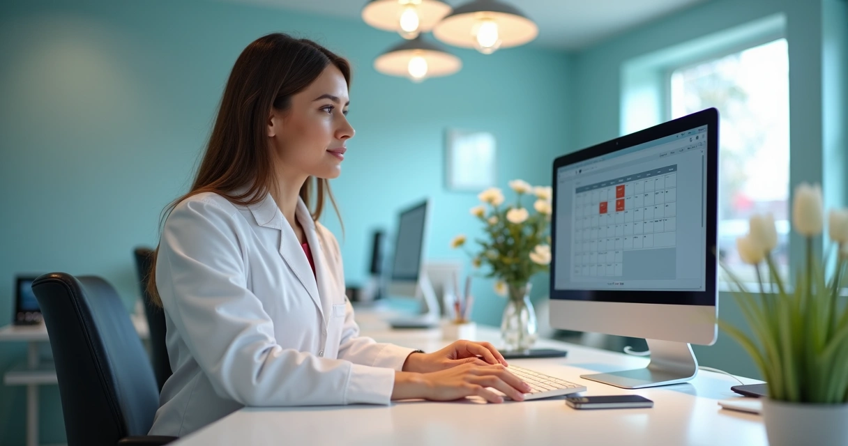 Recepcionista de clínica odontológica usando computador para gerenciar agenda de pacientes 