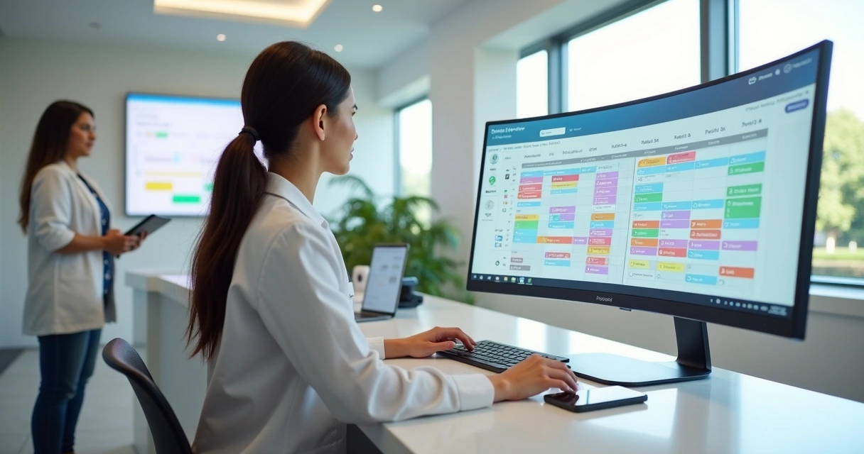 Recepcionista de clínica usando sistema de agendamento automático em computador com paciente ao lado 