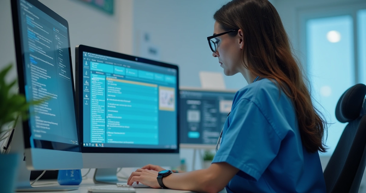 Recepcionista digital atendendo agendamentos e mensagens em múltiplos canais na tela de computador dentro de clínica moderna 