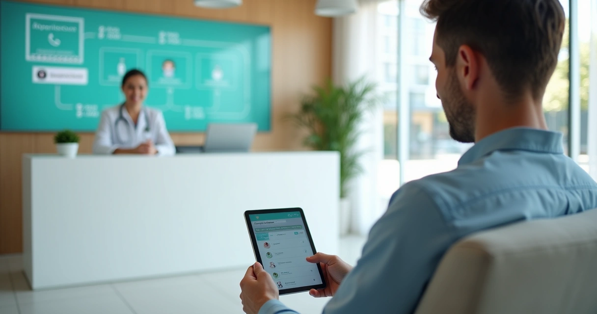 Recepção de clínica com paciente usando tablet para agendar consulta 