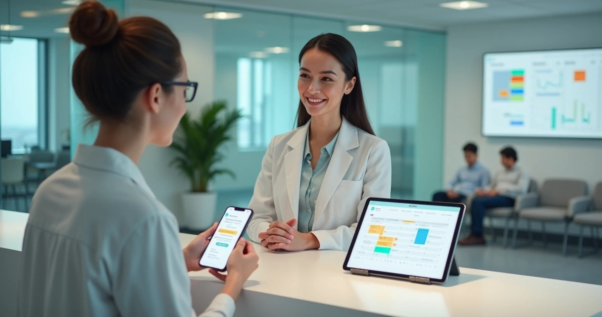 Recepcionista de clínica médica mostrando agendamento online em tablet para paciente com celular 