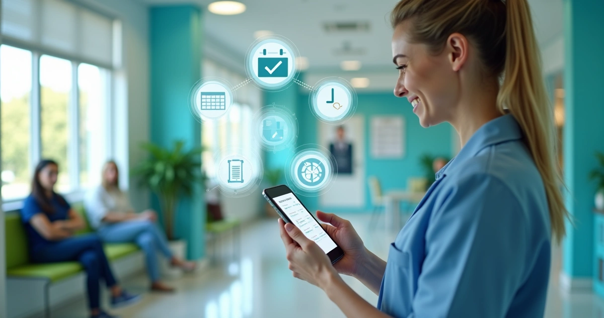 Recepcionista sorrindo com um smartphone, tela exibindo agenda digital 