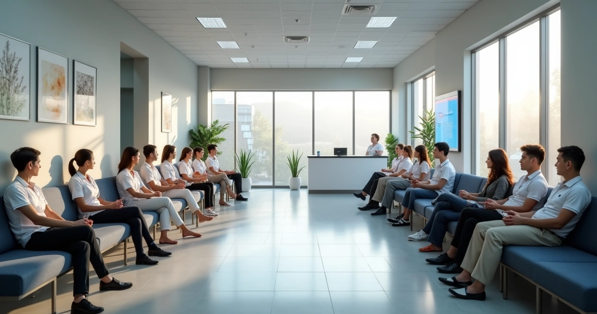 Sala de espera de clínica moderna com várias cadeiras ocupadas e iluminação natural 
