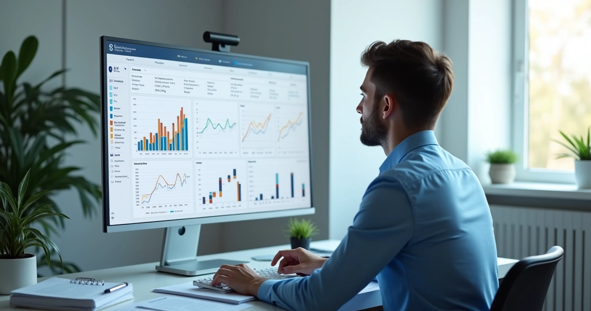Profissional analisando fluxo de caixa em sistema clínico no computador 