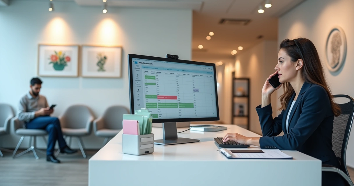 Recepcionista de clínica de aparelhos auditivos ligando para paciente faltante 