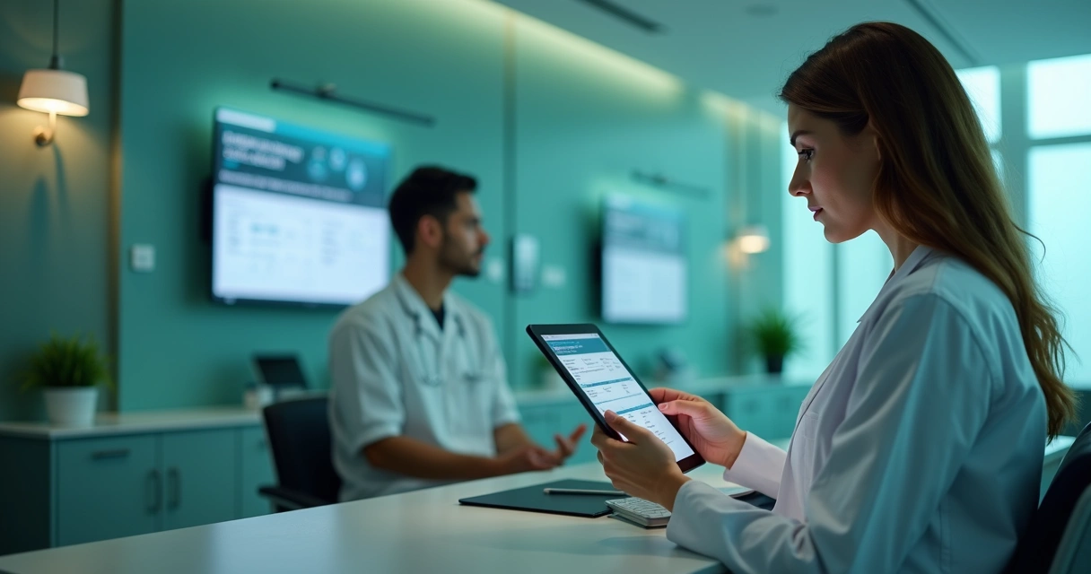 Médico usando tablet com prontuário aberto em consultório moderno 