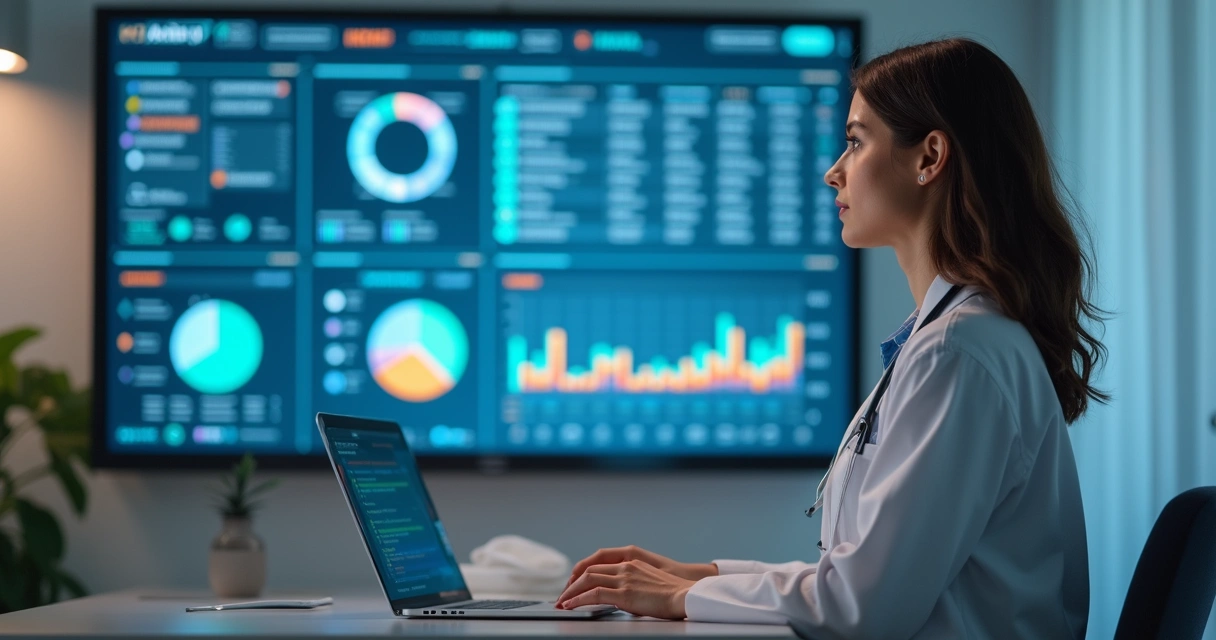 Recepcionista analisando tela com dados de IA em clínica 