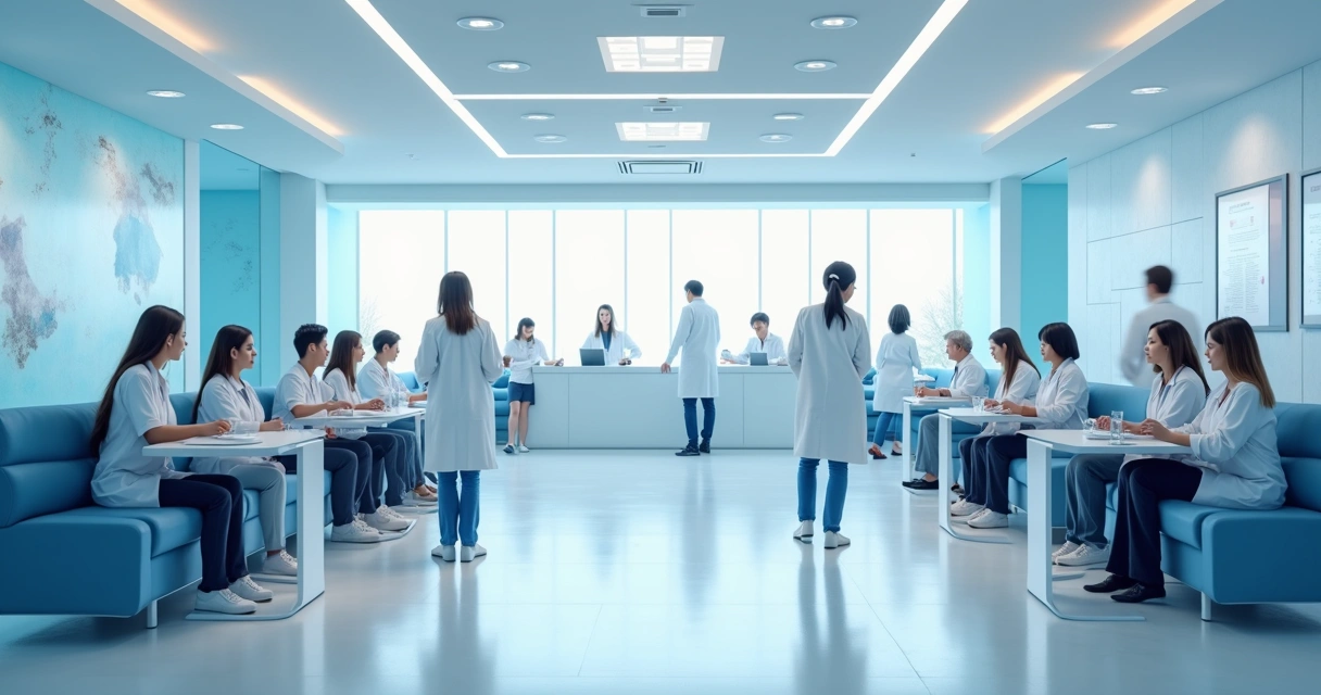 Recepção de clínica médica moderna com pessoas aguardando atendimento 