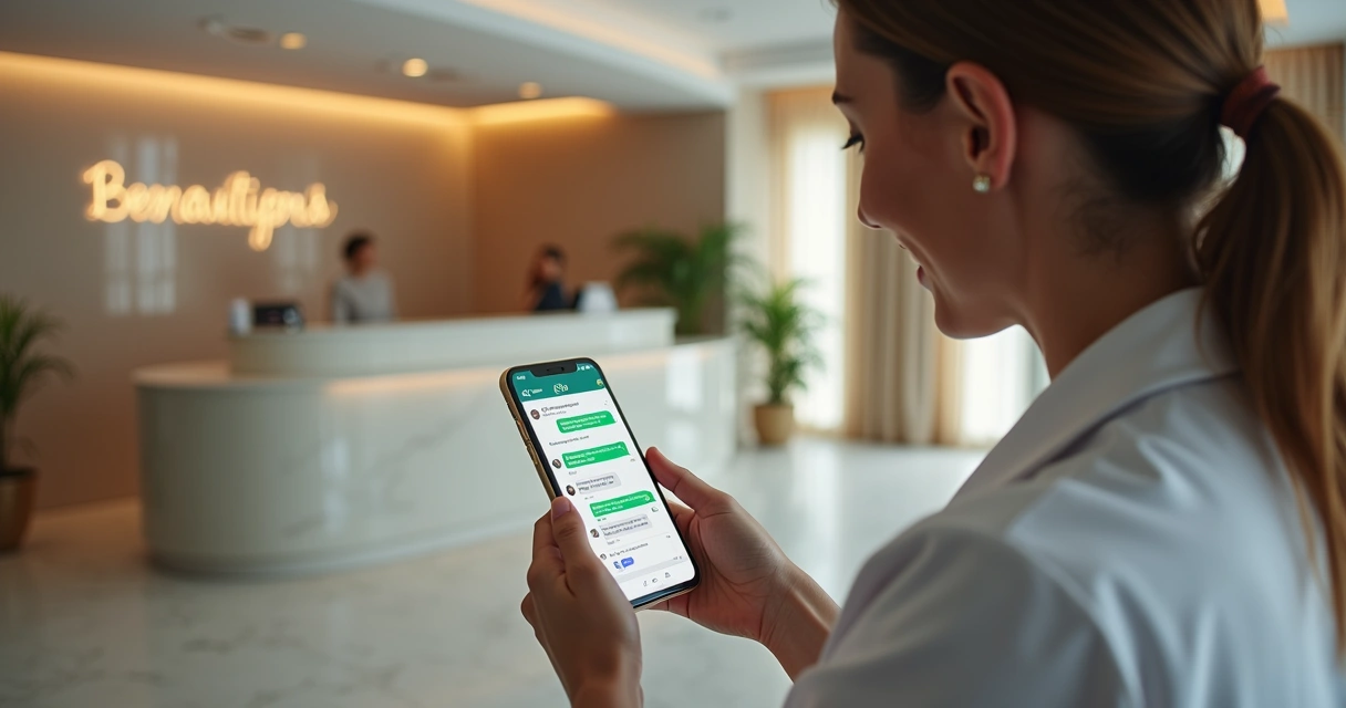 Profissional da área da saúde atendendo cliente pelo WhatsApp em ambiente de clínica moderna e sofisticada 