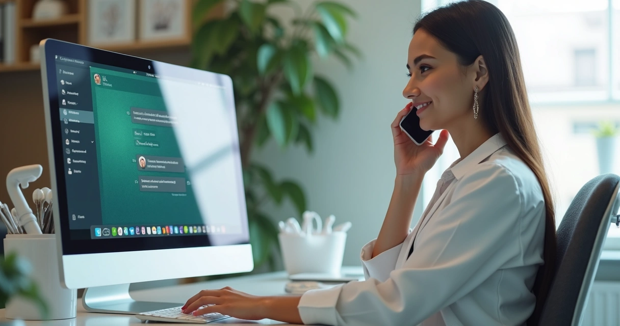 Recepcionista de clínica odontológica usando WhatsApp no computador enquanto fala ao telefone, ambiente moderno 