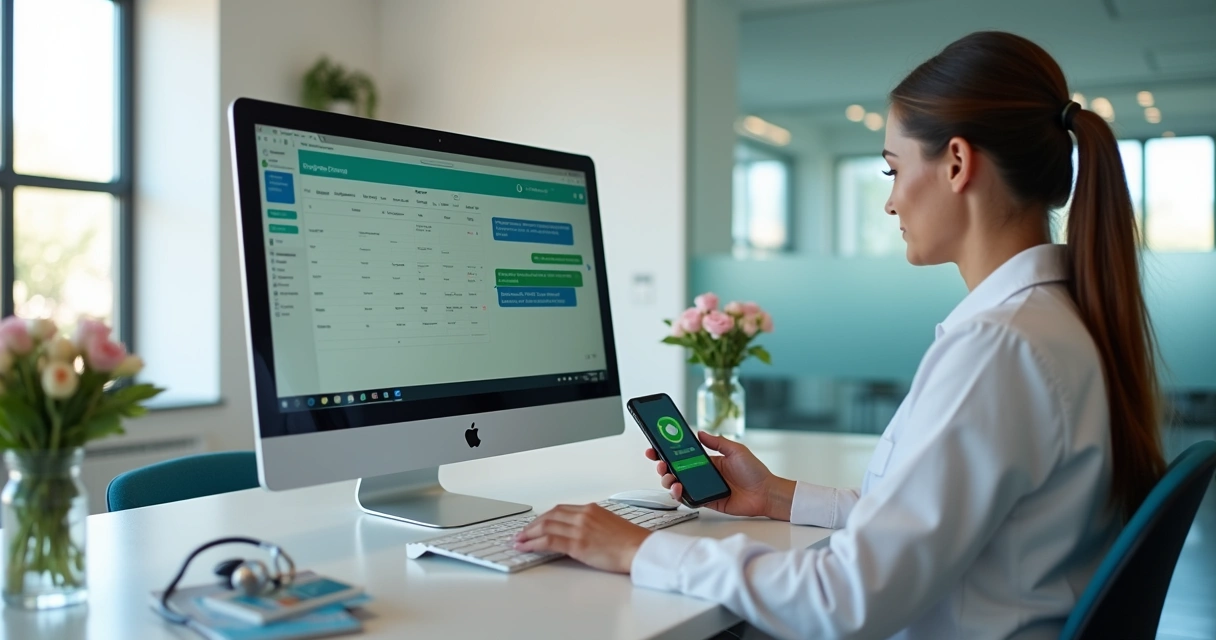 Recepcionista usando computador e smartphone para atendimento automatizado via WhatsApp em clínica moderna