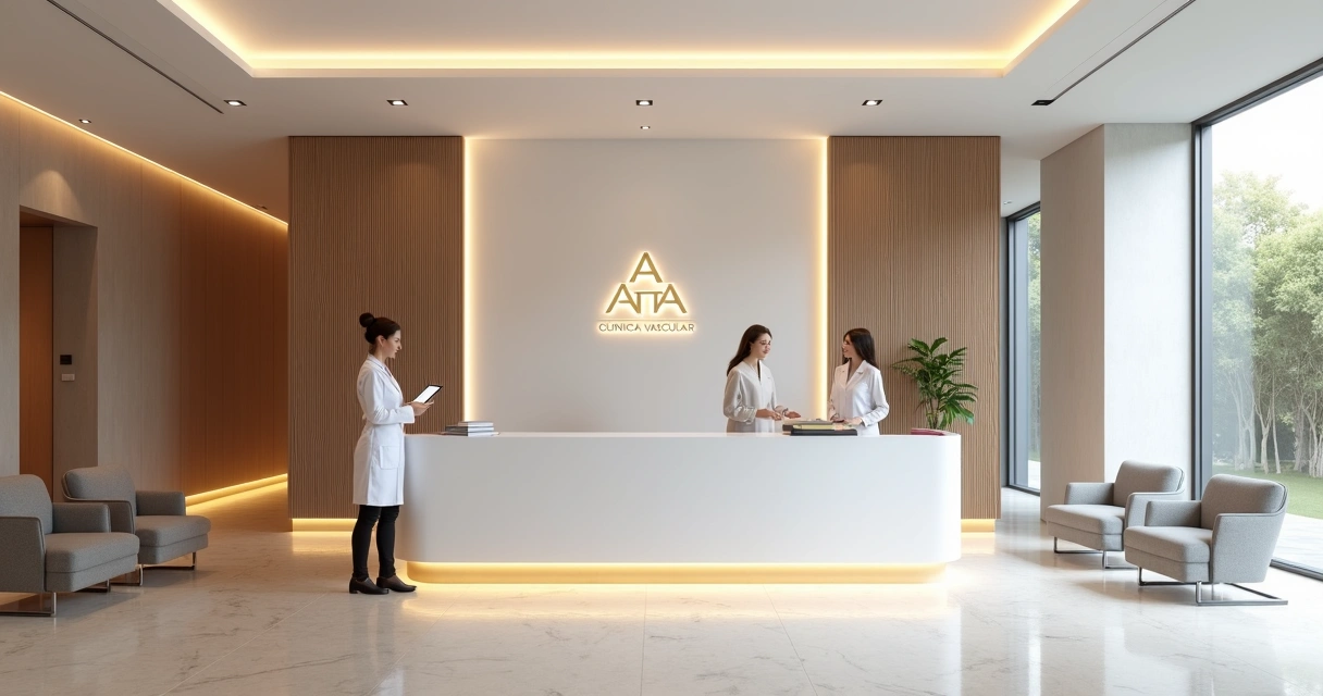 Recepção moderna de clínica vascular elegante com médica acolhendo paciente 