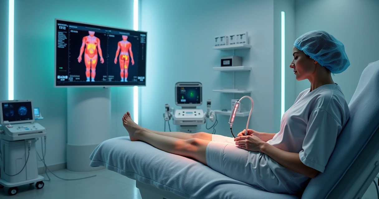 Sala de procedimento vascular com médico usando laser guiado por ultrassom em perna de paciente 