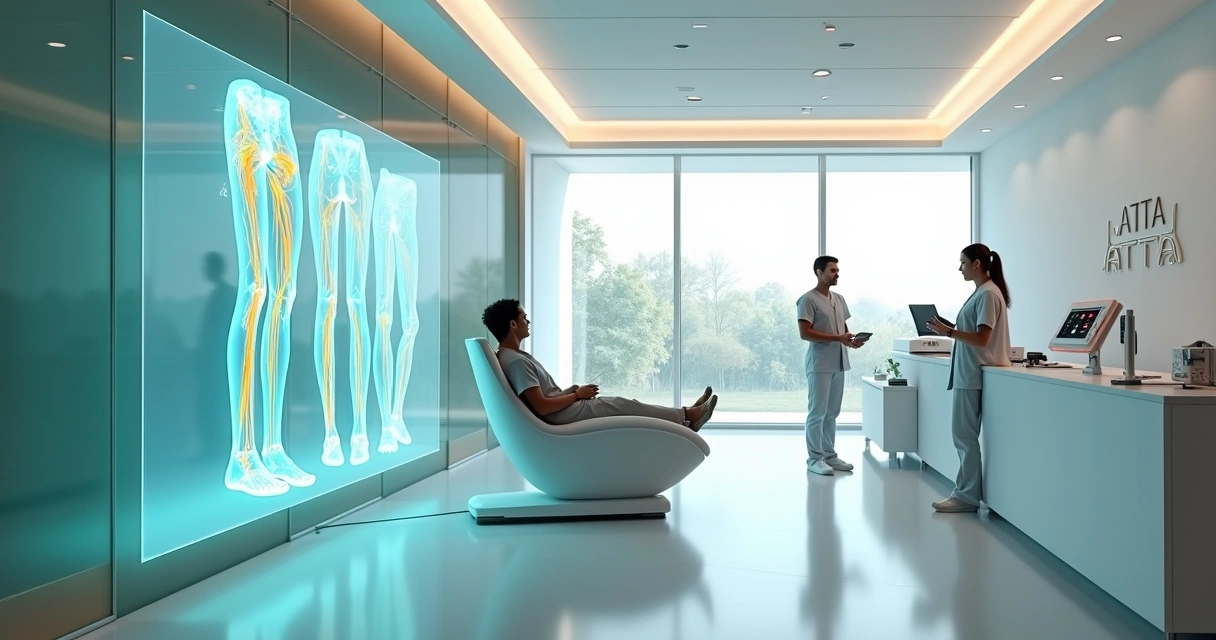 Sala da Clínica ATTA com equipe avaliando perna em equipamento tecnológico contra varizes 