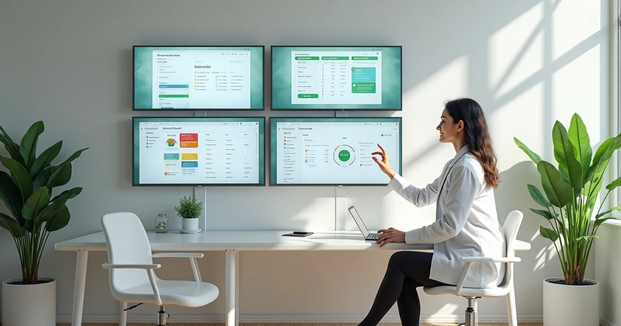 Sala de clínica moderna de nutrição com telas digitais e ambiente organizado