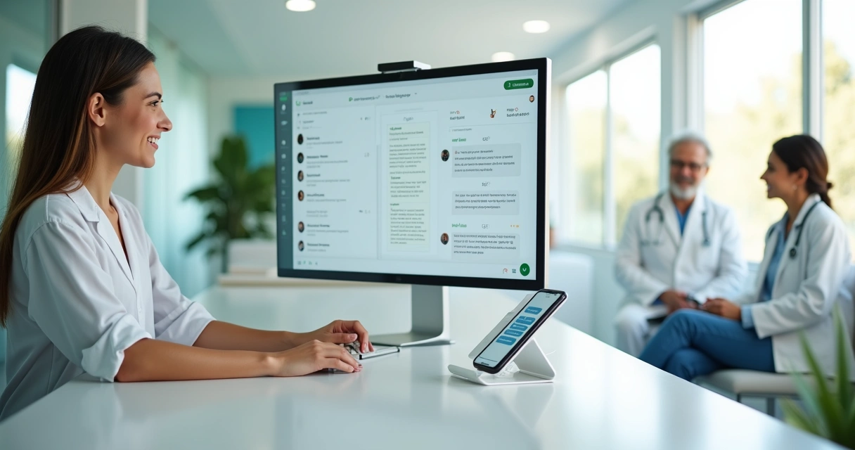 Recepcionista de clínica usando computador com painel de WhatsApp automatizado enquanto médico atende paciente ao fundo 