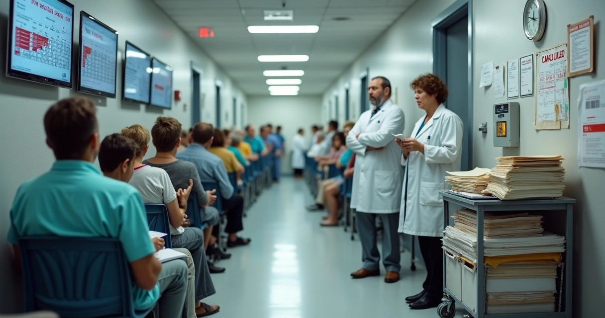 Corredor de clínica desorganizada com filas e profissional sobrecarregado 