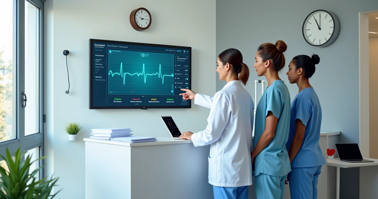 Equipe em clínica pequena acompanhando laudos cardiológicos digitais em tela grande 