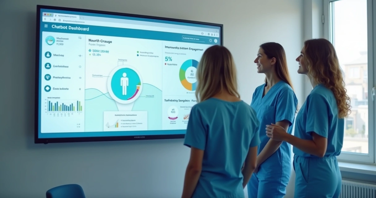 Equipe de clínica animada com chatbot em funcionamento