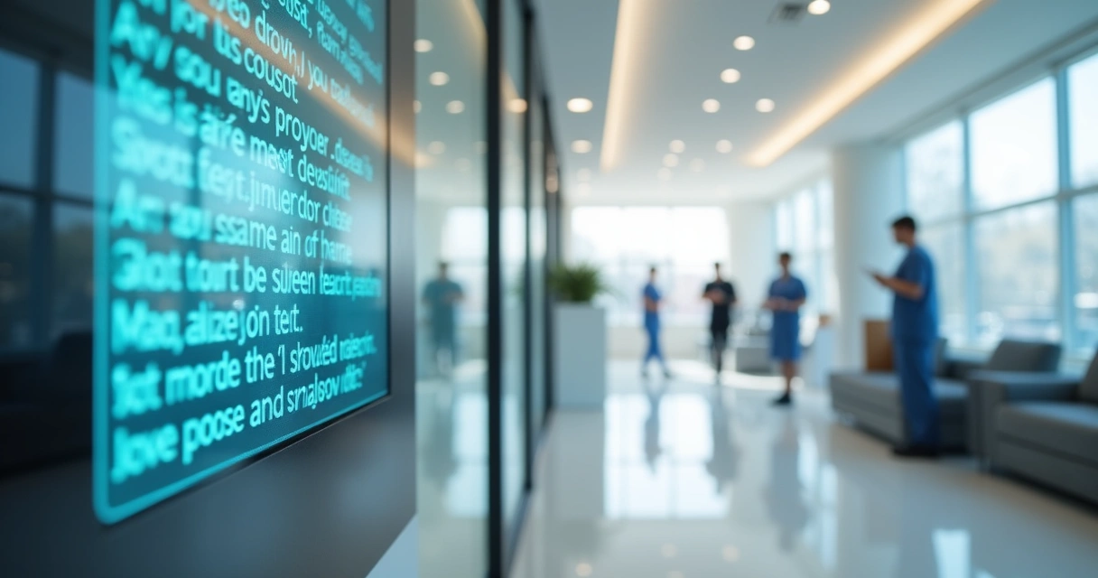 Recepção de clínica moderna com tela exibindo conversa de chatbot com paciente por texto. 