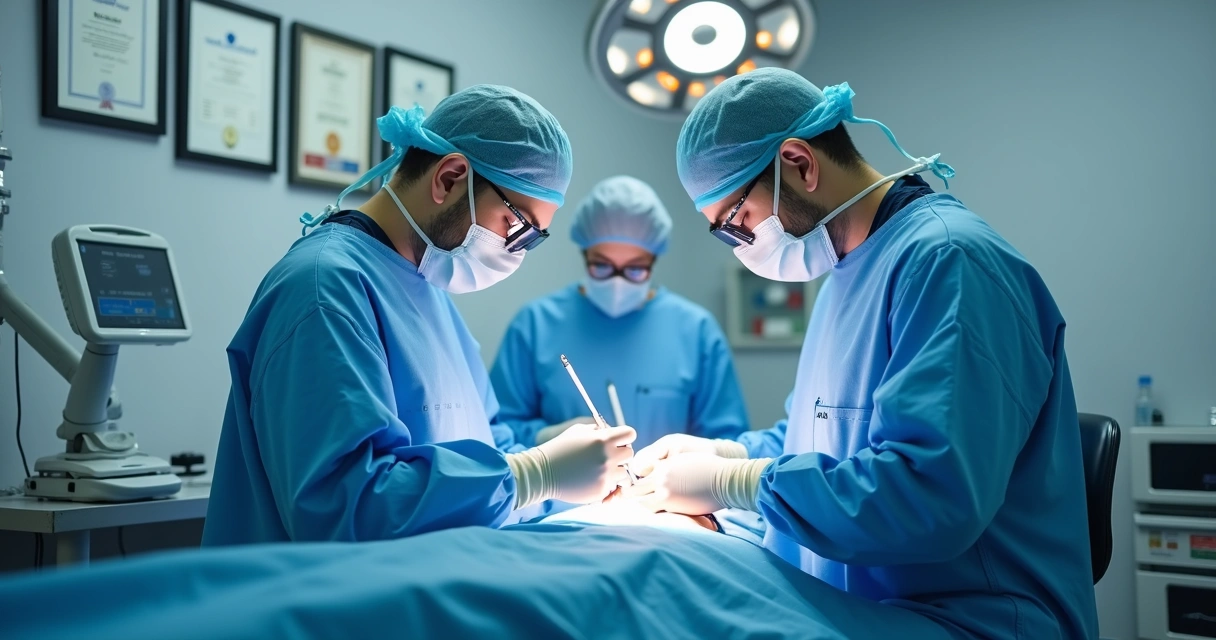 Sala de cirurgia plástica moderna, cirurgiões especializados e diplomas ao fundo 