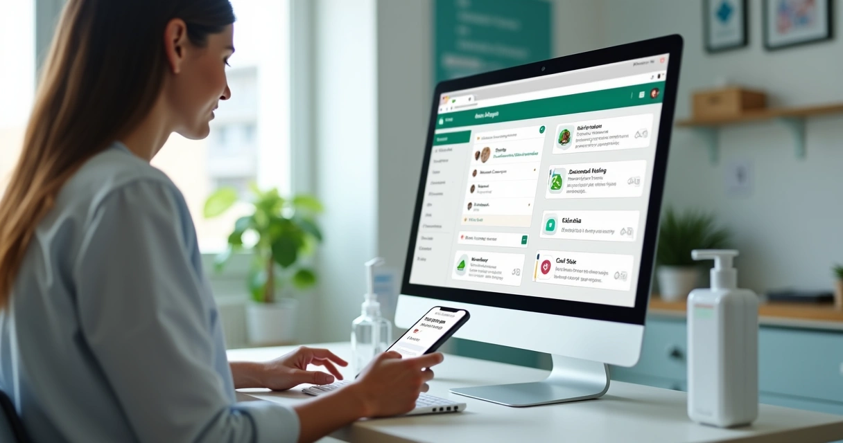 Recepção de clínica médica com tela mostrando cobranças automáticas organizadas 