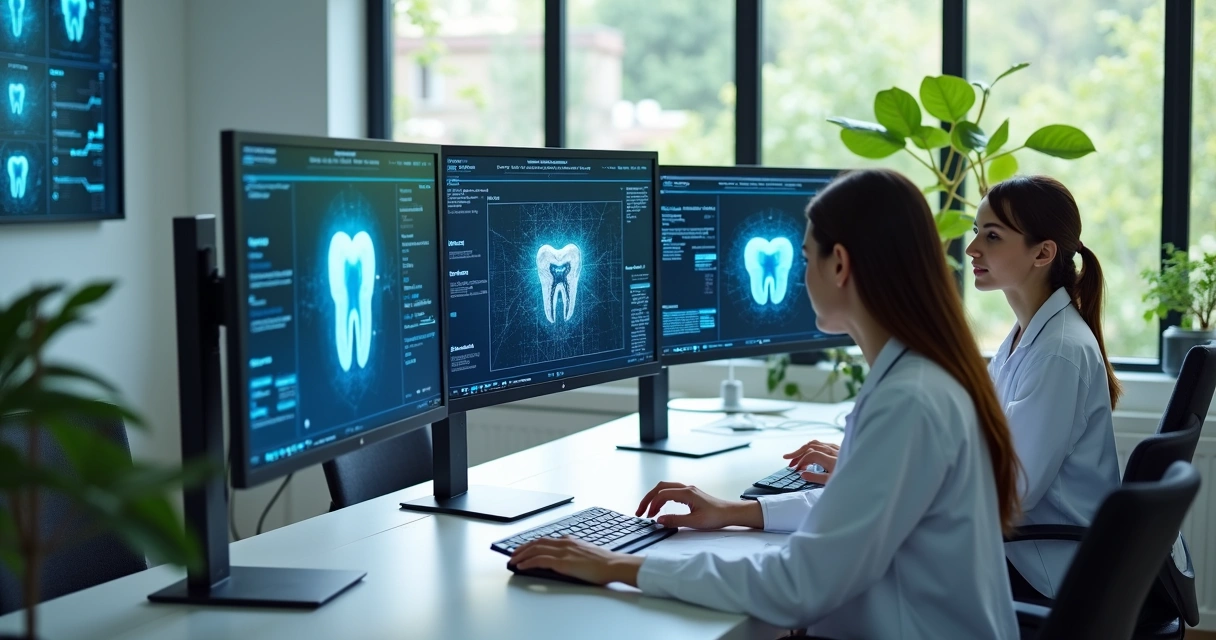 Equipe de clínica odontológica trabalhando com telas mostrando dados de IA