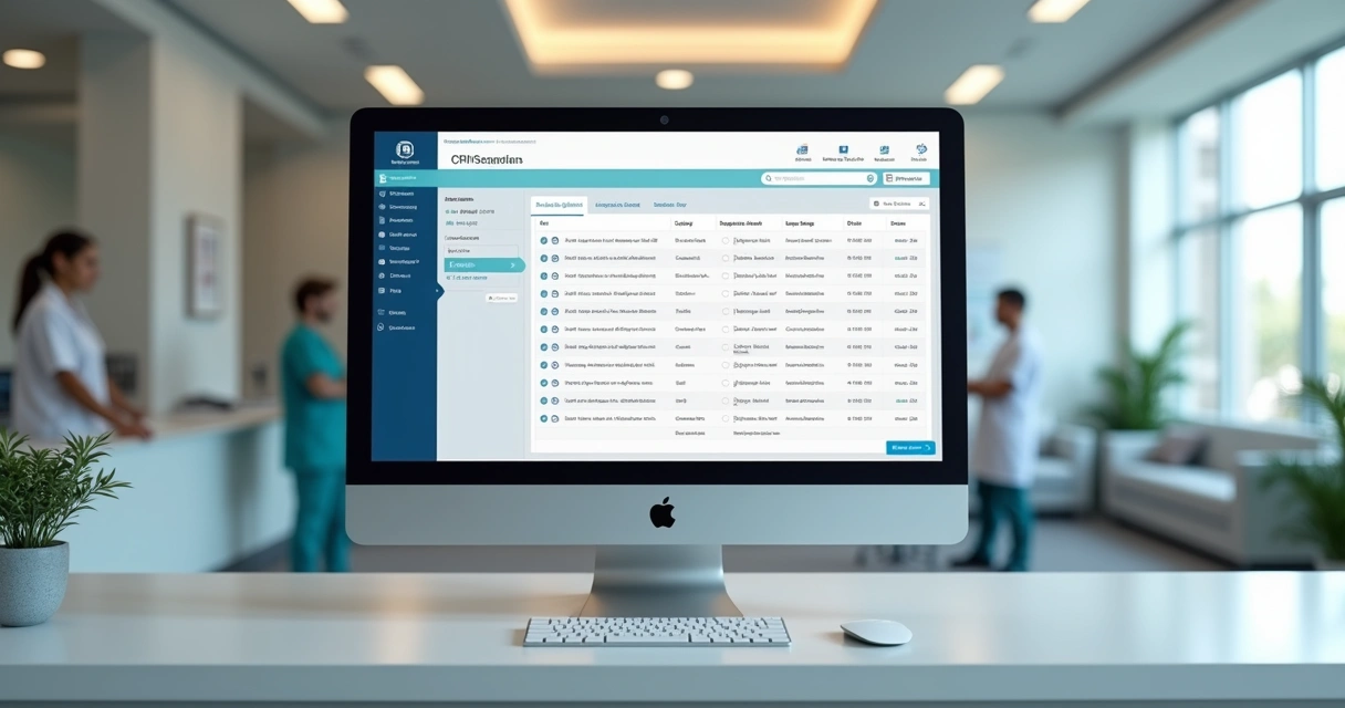 Computador em clínica médica exibindo sistema de agendamento online e dados organizados de pacientes 