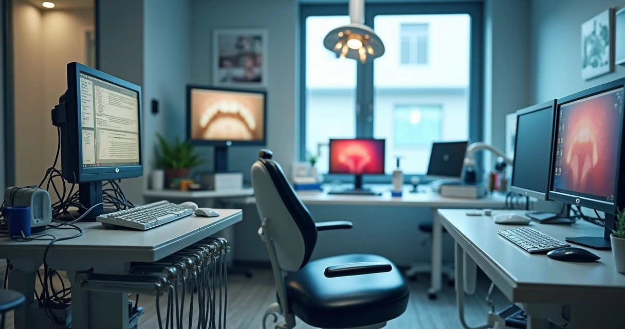Sala de clínica odontológica vista de cima, metade com computadores antigos e metade com computadores novos 