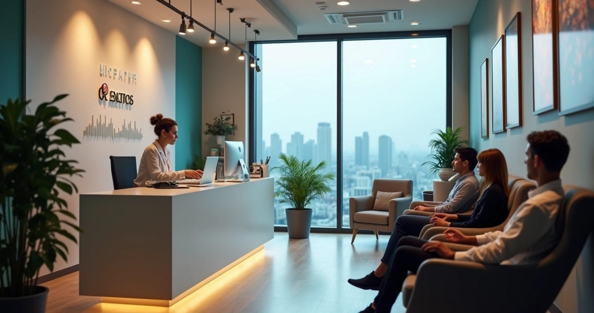 Recepcionista de clínica usando WhatsApp Business em ambiente moderno com pacientes aguardando 