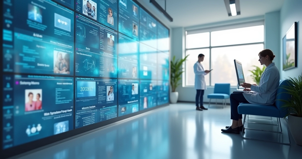 Sala de espera de clínica moderna com médicos e pacientes interagindo, com tela digital mostrando redes sociais e agendamentos online 