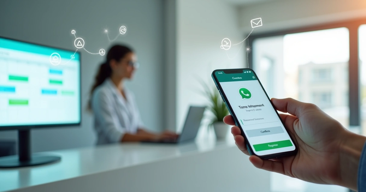 Tela de agenda médica digital com paciente recebendo confirmação de consulta no celular 