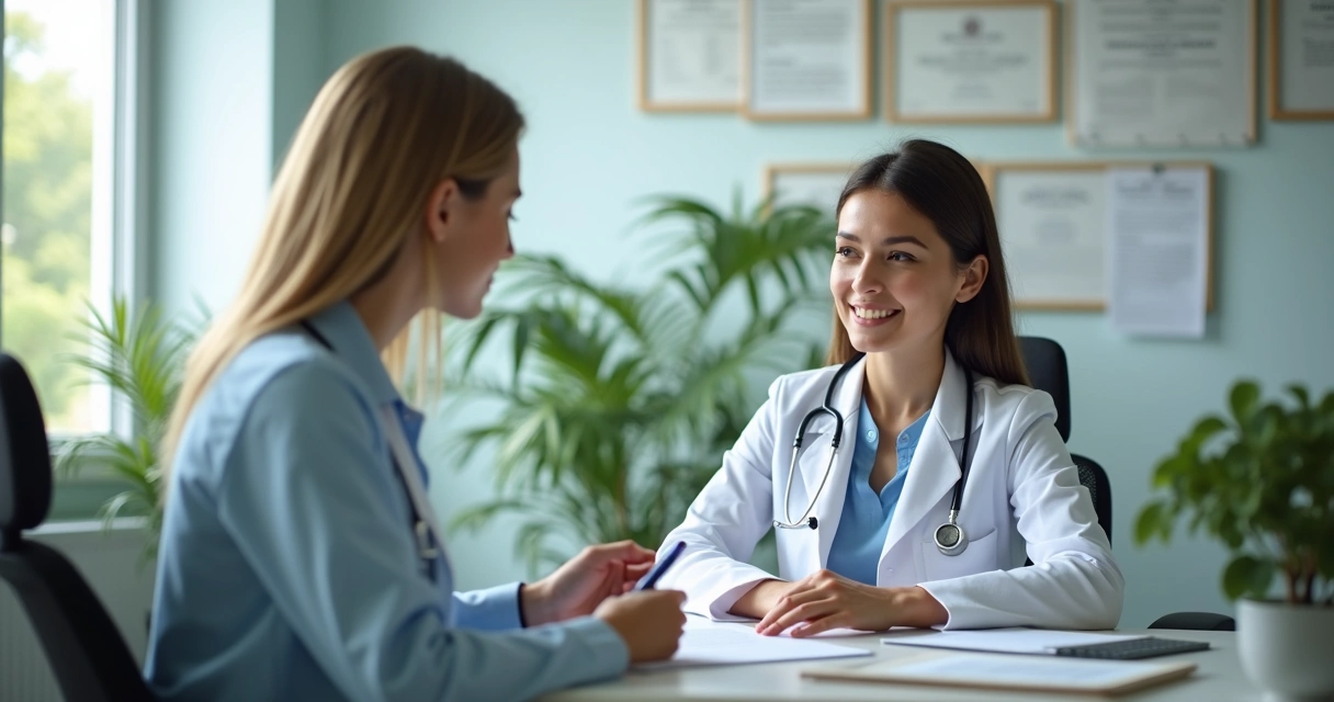 Paciente sentado frente a médica em consultório, ambos olhando para termo de consentimento, caneta na mão, ambiente iluminado 