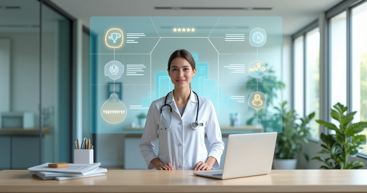 Profissional de saúde em consultório com ícones digitais de autoridade flutuando ao redor 