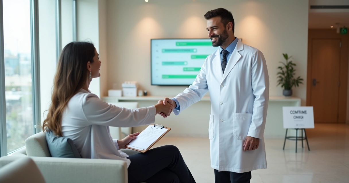 Cirurgião plástico cumprimentando paciente em consultório moderno antes da consulta de avaliação 