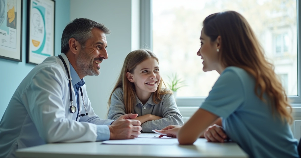 Sala de clínica com médico recebendo família 