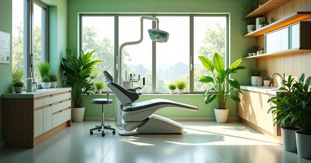 Consultório odontológico com elementos sustentáveis, como plantas e luz natural, em ambiente moderno