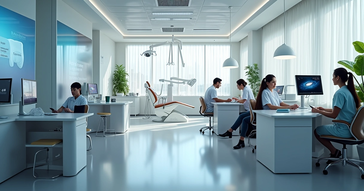 Clínica odontológica moderna com computadores integrados aos consultórios