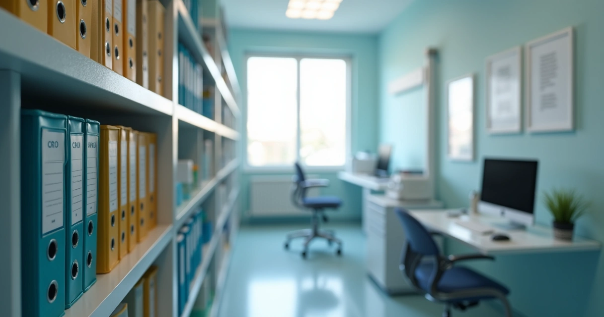 Sala de clínica odontológica com documentos em ordem