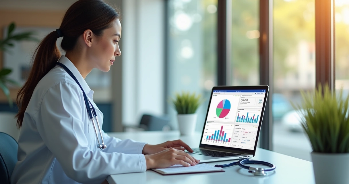 Profissional da saúde usando software de gestão financeira em um notebook em consultório, luz natural, ambiente limpo e moderno, gráficos coloridos na tela 