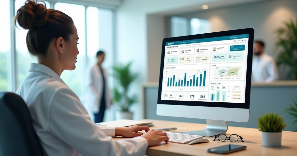 Gestor de clínica médica analisando painel financeiro em computador na recepção 