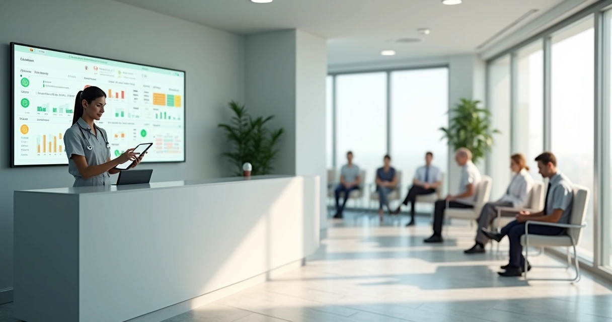 Recepcionista de clínica ao lado de quadro de controle financeiro digital 