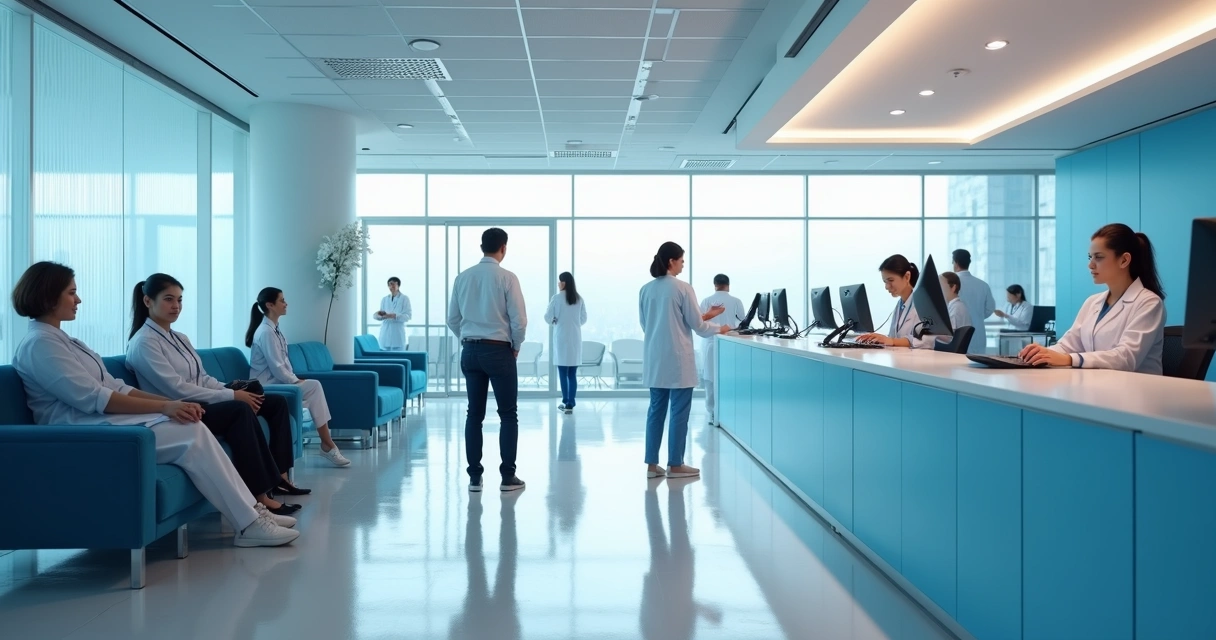 Equipe de clínica médica em ambiente movimentado com pacientes 