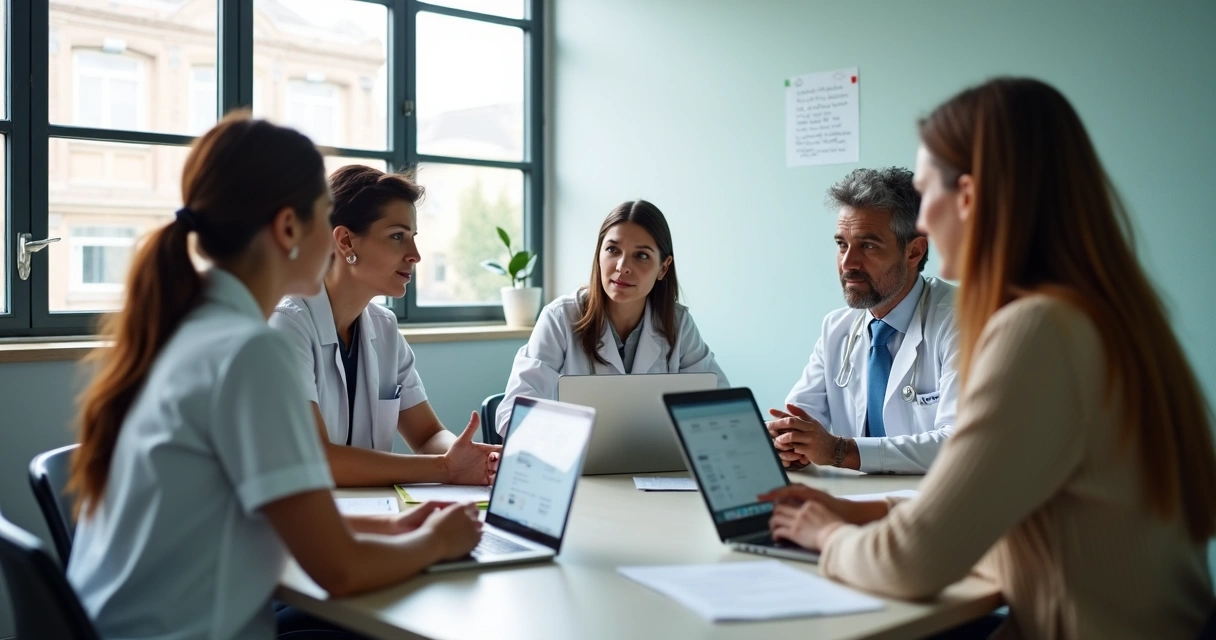 Profissionais de saúde mental reunidos discutindo agenda em clínica 