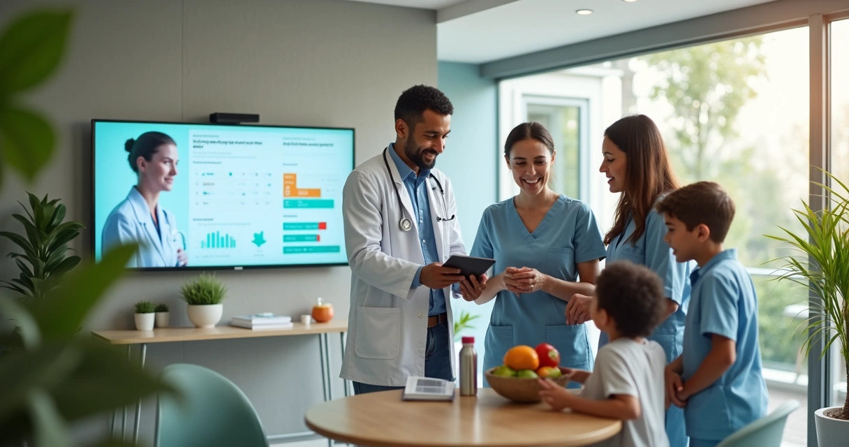 Equipe de saúde acompanha família em consultório moderno e acolhedor 