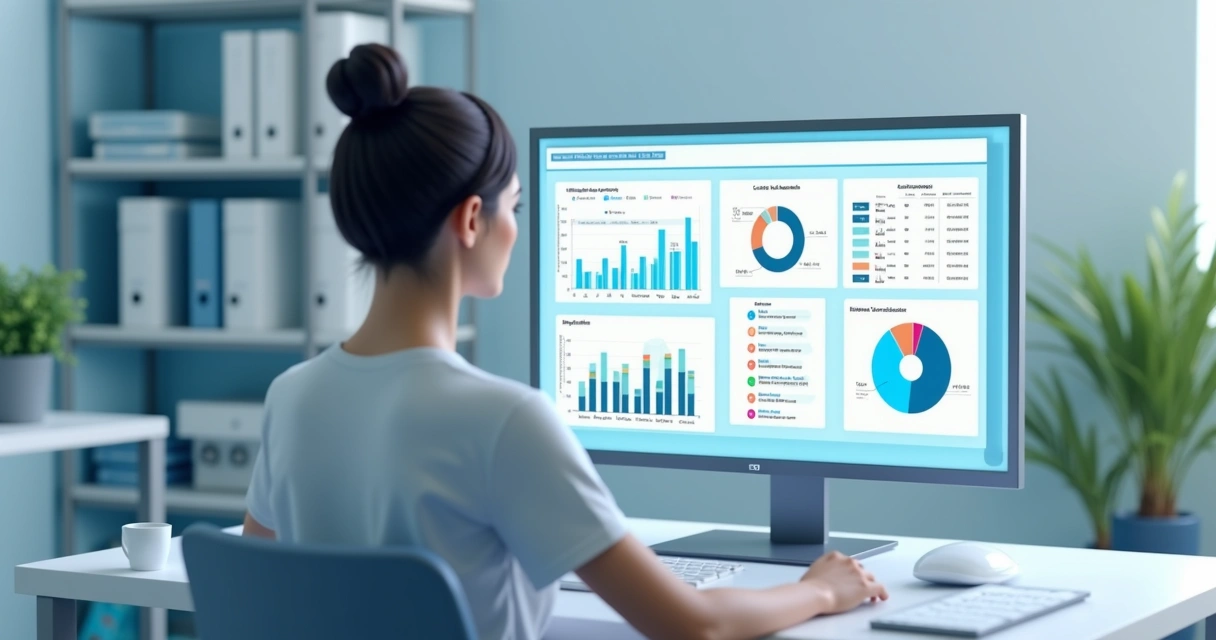 Gestor de clínica em frente ao computador analisando custos digitais na tela