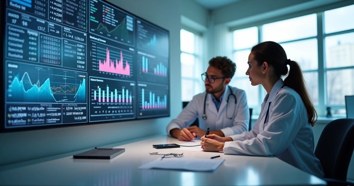 Equipe de clínica analisando dados e gráficos digitais na tela